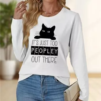 Топы для женщин с принтом «тупой кот», круглый вырез, длинный рукав, футболка, осенний повседневный тонкий пуловер, женский топ с длинным рукавом XS белый