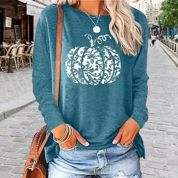 Топы для женщин с принтом тыквы и круглым вырезом, футболка с длинным рукавом, осенний повседневный тонкий пуловер, женский топ с длинным рукавом XS розовый