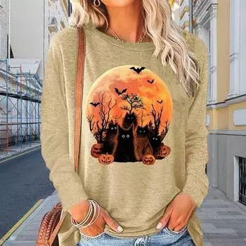 Топы для женщин с принтом тыквы и летучей мыши, круглый вырез, длинный рукав, футболка, осенний повседневный тонкий пуловер, женский топ с длинным рукавом XS розовый