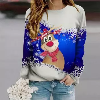 Топы для женщин с принтом улыбающегося оленя, круглым вырезом и длинным рукавом, футболка, осенний повседневный тонкий пуловер, женский топ с длинным рукавом XS розовый