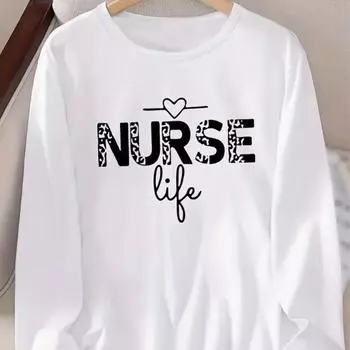 Топы для женщин с принтом упрощенных букв, круглым вырезом и длинным рукавом, футболка, осенний повседневный тонкий пуловер, женский топ с длинным рукавом XS белый