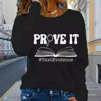 Топы для женщин с принтом увеличительного стекла и книги, круглый вырез, длинный рукав, футболка, осенний повседневный тонкий пуловер, женский топ с длинным рукавом XS чёрный