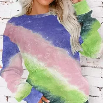 Топы для женщин с принтом в косые градиентные полосы, круглый вырез, длинный рукав, футболка, осенний повседневный тонкий пуловер, женский топ с длинным рукавом XS синий