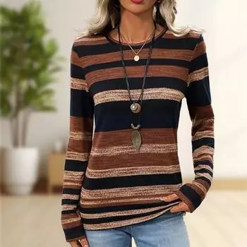 Топы для женщин с принтом в оранжевую полоску, круглым вырезом и длинным рукавом, футболка, осенний повседневный тонкий пуловер, женский топ с длинным рукавом XS коричневый