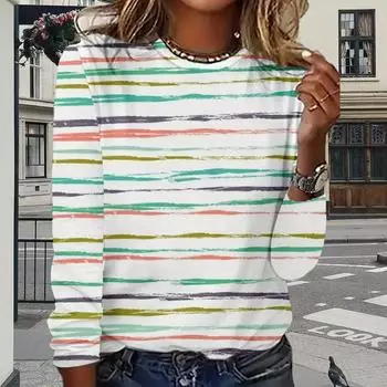 Топы для женщин с принтом в разноцветные полосы, круглый вырез, длинный рукав, футболка, осенний повседневный тонкий пуловер, женский топ с длинным рукавом XS белый