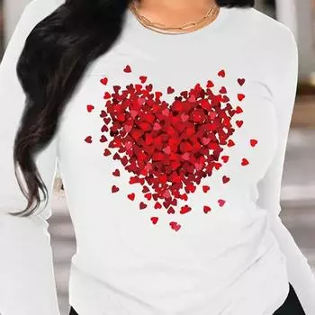 Топы для женщин с принтом в виде сердца и розы, круглый вырез, длинный рукав, футболка, осенний повседневный тонкий пуловер, женский топ с длинным рукавом XS белый