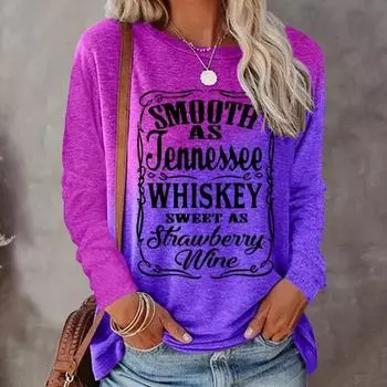 Топы для женщин с принтом в виде букв с градиентным цветом, круглым вырезом и длинным рукавом, футболка на осень, повседневный тонкий пуловер, женский топ с длинным рукавом XS розовый