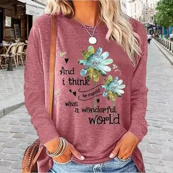 Топы для женщин с принтом в виде цветка змея, круглой горловиной и длинными рукавами, футболка на осень, облегающий женский топ с длинными рукавами XS розовый