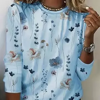 Топы для женщин с принтом в виде цветка, круглый вырез, длинный рукав, футболка, осенний повседневный тонкий пуловер, женский топ с длинным рукавом XS розовый