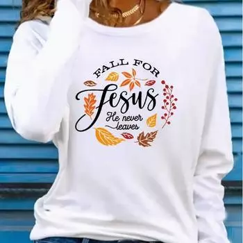 Топы для женщин с принтом в виде листьев и букв, с круглым вырезом и длинным рукавом, осенняя повседневная тонкая кофта-пуловер, женский топ с длинным рукавом XS белый