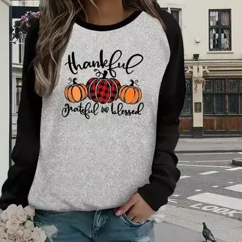 Топы для женщин с принтом в виде тыквы и алфавита, с круглым вырезом и длинным рукавом, осенняя повседневная тонкая футболка с длинным рукавом для женщин XS белый