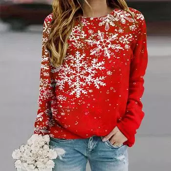 Топы для женщин с принтом в виде большой снежинки, круглый вырез, длинный рукав, футболка, осенний повседневный тонкий пуловер, женский топ с длинным рукавом XS розовый
