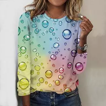 Топы для женщин с принтом в виде капель воды, круглым вырезом и длинным рукавом, футболка, повседневный тонкий женский топ с длинным рукавом XS фиолетовый