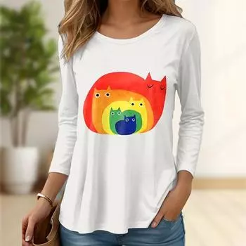 Топы для женщин с принтом в виде кошки, круглый вырез, длинный рукав, футболка, осенний повседневный тонкий пуловер, женский топ с длинным рукавом XS белый