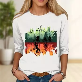 Топы для женщин с принтом велоспорта, круглым вырезом и длинным рукавом, футболка, осенний повседневный тонкий пуловер, женский топ с длинным рукавом XS белый