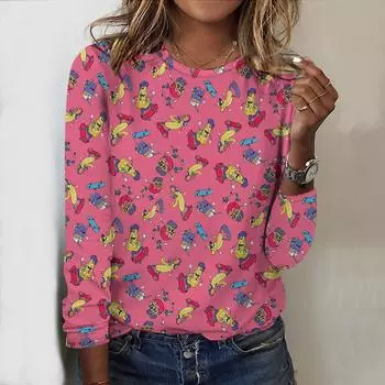Топы для женщин с рисунком фруктов, круглый вырез, длинный рукав, футболка, осенний повседневный тонкий пуловер, женский топ с длинным рукавом XS розовый