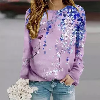 Топы для женщин с рисунком маслом, красивые цветы, принт, круглый вырез, длинный рукав, футболка, осенний повседневный тонкий пуловер, женский топ с длинным рукавом XS фиолетовый