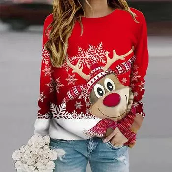 Топы для женщин с рисунком оленя на Рождество, с круглым вырезом и длинным рукавом, футболка, повседневный тонкий женский топ с длинным рукавом XS розовый