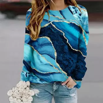 Топы для женщин с рисунком рек и картин маслом, круглый вырез, длинный рукав, футболка, осенний повседневный тонкий пуловер, женский топ с длинным рукавом XS фиолетовый