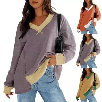 Топы для женщин с V-образным вырезом и длинным рукавом, пуловеры, повседневные рубашки, топы S оранжевый