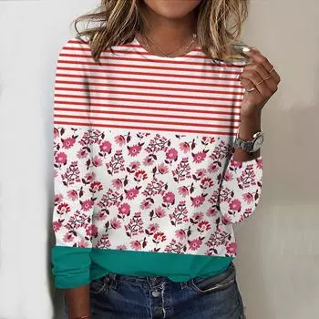 Топы для женщин с винтажным цветочным принтом, круглым вырезом и длинным рукавом, футболка, осенний повседневный тонкий пуловер, женский топ с длинным рукавом XS розовый