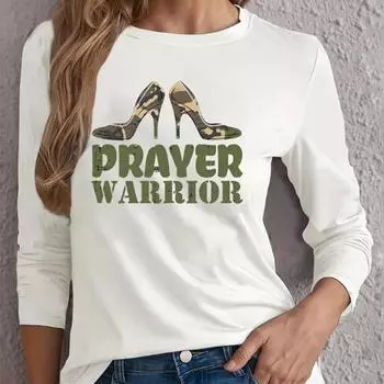 Топы для женщин с высоким каблуком, принтом букв, круглым вырезом и длинным рукавом, футболка, осенний повседневный тонкий пуловер, женский топ с длинным рукавом XS белый