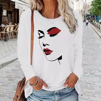 Топы для женщин, сексуальные черты лица, принт, круглый вырез, длинный рукав, футболка, осенний повседневный тонкий пуловер, женский топ с длинным рукавом XS белый