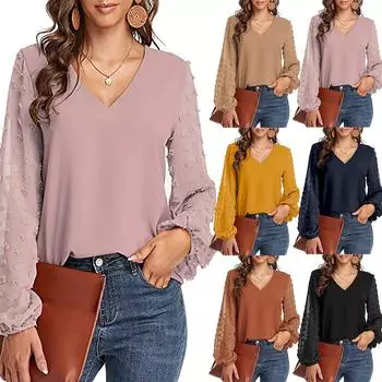 Топы для женщин, шифоновые блузки с рукавами и V-образным вырезом, повседневные рабочие рубашки XL тёмно-синий