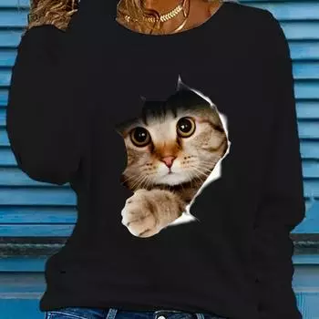 Топы для женщин, симпатичная футболка с круглым вырезом и длинным рукавом с принтом кошачьих когтей, осенний повседневный тонкий пуловер, женский топ с длинным рукавом XS белый