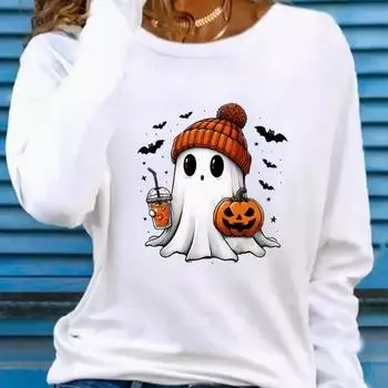 Топы для женщин, симпатичная футболка с принтом тыквы-призрака с круглым вырезом и длинными рукавами, осенний повседневный тонкий пуловер, женский топ с длинными рукавами XS белый