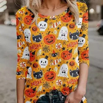Топы для женщин, симпатичная футболка с принтом тыквы на Хэллоуин и круглым вырезом, длинный рукав, осенний повседневный тонкий пуловер, женский топ с длинным рукавом XS чёрный