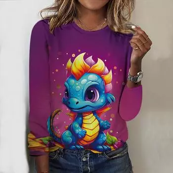 Топы для женщин, симпатичный принт динозавра, круглый вырез, длинный рукав, футболка, осенний повседневный тонкий пуловер, женский топ с длинным рукавом XS фиолетовый