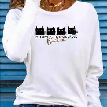 Топы для женщин, симпатичный принт с головой кошки, круглый вырез, длинный рукав, футболка, осенний повседневный тонкий пуловер, женский топ с длинным рукавом XS белый