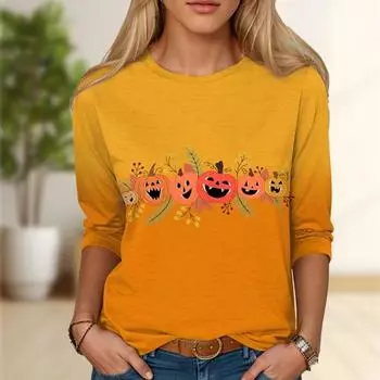 Топы для женщин, симпатичный принт тыквы, круглый вырез, длинный рукав, футболка, осенний повседневный тонкий пуловер, женский топ с длинным рукавом XS оранжевый