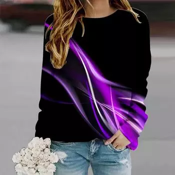 Топы для женщин, синяя струящаяся легкая футболка с круглым вырезом и длинным рукавом, повседневный тонкий женский топ с длинным рукавом XS фиолетовый