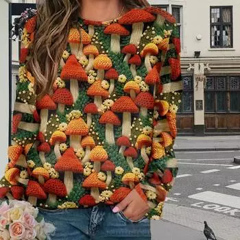 Топы для женщин Сказочный грибной принт с круглым вырезом и длинным рукавом Футболка осенняя повседневная тонкая кофточка женский топ с длинным рукавом XS красный