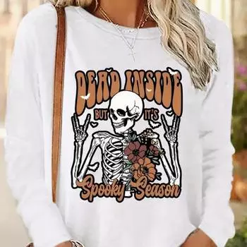 Топы для женщин Танцующий скелет Принт Круглый вырез Длинный рукав Футболка Осенний повседневный тонкий пуловер Женский длинный рукав Топ XS белый