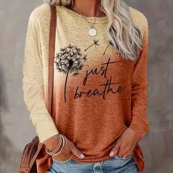 Топы для женщин Танцы Одуванчики Принт Круглый вырез Длинный рукав Футболка Осенний Повседневный Тонкий Пуловер Женский Длинный Рукав Топ XS розовый