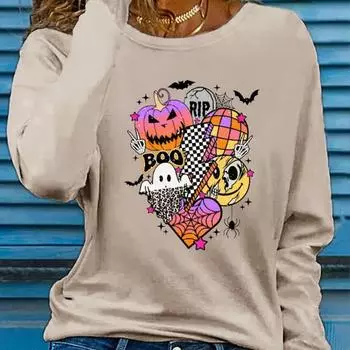 Топы для женщин Забавный принт на Хэллоуин с круглым вырезом и длинным рукавом Футболка Осенний повседневный тонкий пуловер Женский топ с длинным рукавом XS белый