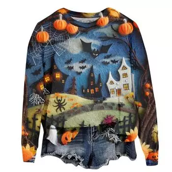Топы для женщин, женская мода, повседневная, с длинным рукавом, на Хэллоуин, 3D-симуляция, вышивка, напечатанная, с круглым вырезом, толстовка с капюшоном, одежда 2000 года S