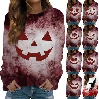 Топы для женщин Женская повседневная мода Хэллоуин принт длинный рукав круглый вырез пуловер топ блузка Ropa De Mujer одежда XXS