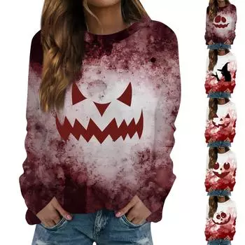 Топы для женщин Женская повседневная мода Хэллоуин принт длинный рукав круглый вырез пуловер топ блузка Ropa De Mujer Y2k одежда S