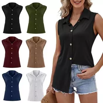 Топы и футболки Повседневный топ Рубашка с воротником-стойкой Женская безрукавка L