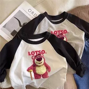 Топы из чистого хлопка для девочек, детская футболка с длинными рукавами, весенне-осенняя рубашка реглан для мальчиков с принтом мультяшного красного медведя для детей 80cm белый