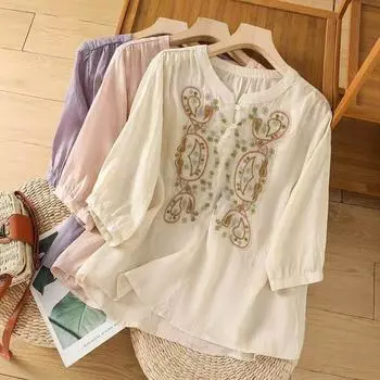 Топы из хлопка для женщин, летние футболки большого размера с воротником-поло, свободные, с принтом, повседневные, пуловеры, футболки, топы M бежевый