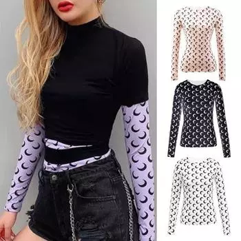 Топы из ледяного шелка с круглым вырезом и длинными рукавами, защищающие от солнца, топы с лунным узором, эластичный, облегающий крой S чёрный