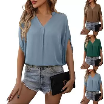 Топы Летняя женская рубашка с рукавами L армия зеленый