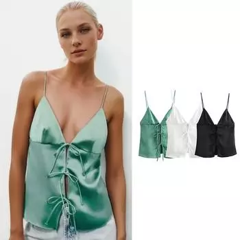 Топы, майки, летние женские 2024, новая мода, тонкие короткие топы на бретелях с v-образным вырезом, шикарный элегантный уличный жилет для молодых женщин, топ XL чёрный