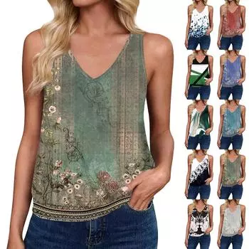 Топы на бретелях для женщин, свободная посадка, футболка без рукавов с v-образным вырезом в стиле ретро, женские повседневные летние блузки XXL синий