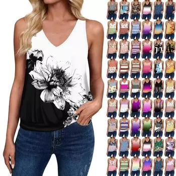 Топы на бретелях для женщин, свободная посадка, футболка без рукавов с v-образным вырезом в стиле ретро, женские повседневные летние блузки S чёрный